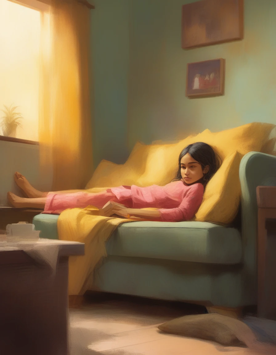 Pina, a young girl, lounges lazily in her COUCH IN HER modest home while her mother tirelessly works around her.