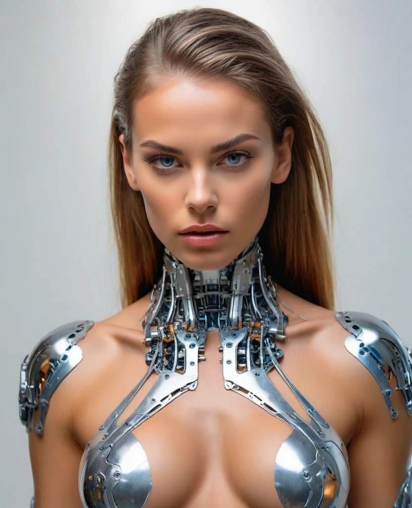 A cyborg girl stands in the center of a large bright studio and is engaged in creating her self-portrait on canvas. She is depicted in all her majestic beauty and elegance. Her metallic skin reflects the light, creating a play of hues and highlights like an expensive piece of jewelry. 
Her long metal hair frames her face, giving her a mysterious and alluring look. Her bright eyes, in which light shimmers, stare straight ahead with confidence and the strain of creative inspiration. 
The cyborg girl is depicted in a graceful pose, showing off her grace and strength as well as the fine workings of her mechanical limbs. Her hands hold brushes and are immersed in the creative process of creating a stunning work of art. 
The outline of the self-portrait she is creating with oil paints is already outlined on the canvas. The drawing begins to come to life under her dexterous fingers, gaining depth and volume, and the coating of color fills the canvas with bright hues and rich colors. 
This entire moment is captured in a gorgeous and amazing scenario that combines the beauty of art, power and technological advancement to make the cyborg girl a unique and inspiring image. beautiful shiny smooth, high quality, best quality, absurdres, masterpiece, beautiful, intricate details, full-length, slim body, beautiful figure, magnificent anatomy, (intricate details:1.12), HDR, (intricate details, hyper-detailing:1.15), (natural skin textures, hyper realisitc, soft light, Sharp:1.2)