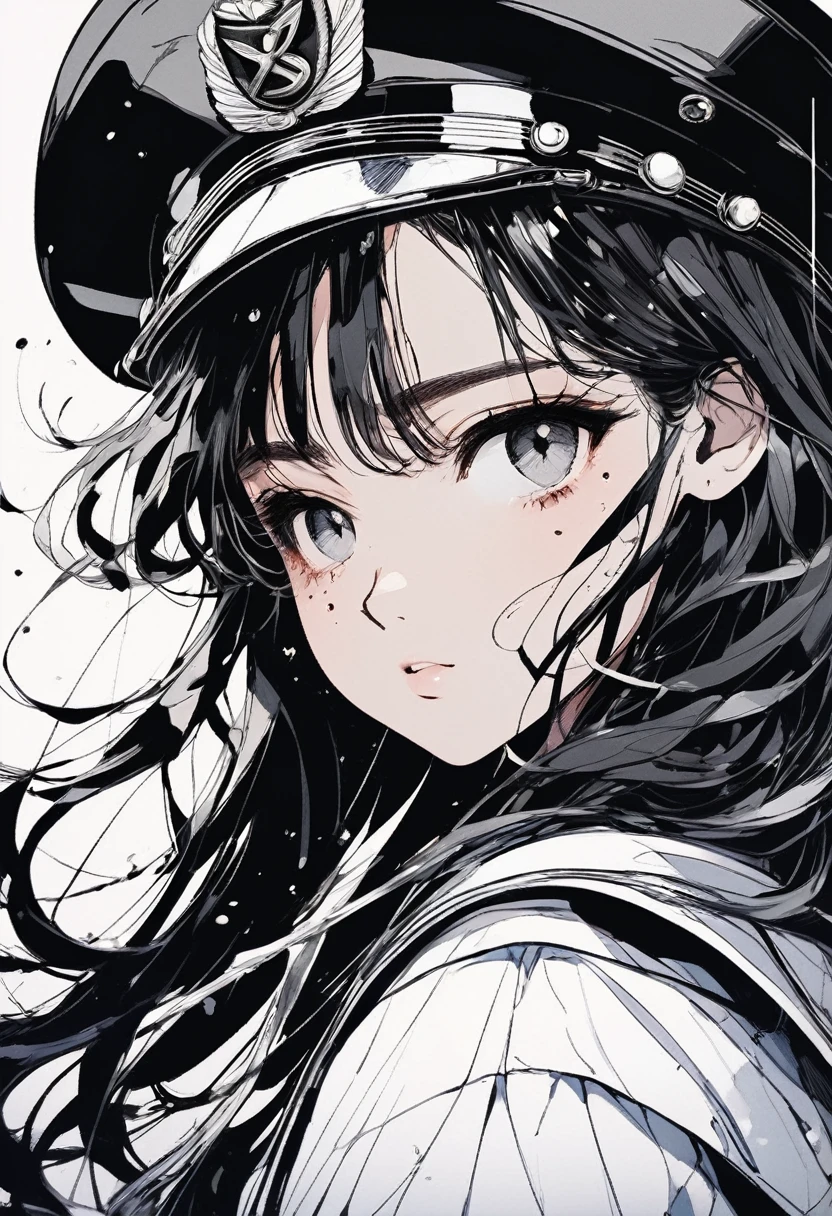 (Highest quality, masterpiece, Perfect Face, beautifully、aesthetic) ,Ink Art,(Highest quality,Tabletop:1.2),(Black and white comic core:1.1),(extremely high contrast),Dark ink,One Girl,Black-haired,Face Shadow、8K,solve,high school girl,Sailor suit,