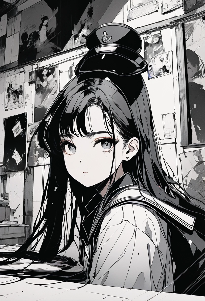(Highest quality, masterpiece, Perfect Face, beautifully、aesthetic) ,Ink Art,(Highest quality,Tabletop:1.2),(Black and white comic core:1.1),(extremely high contrast),Dark ink,One Girl,Black-haired,Face Shadow、8K,solve,high school girl,Sailor suit,