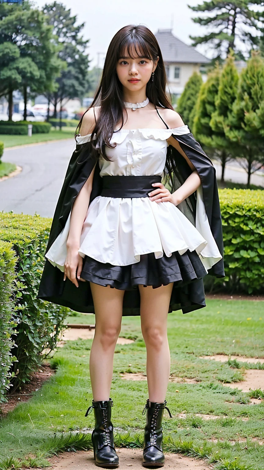 (8K、RAW Photos、Highest quality、masterpiece:1.2)、(Realistic、Realistic)、1 Girl、((black and white mini skirt、Frills、Off the shoulder、Cape、Black dress、whole body、See-through、boots、chest emphasis、whole body、garden、View from the front、Looking into the camera、Stand with hands on hips))、