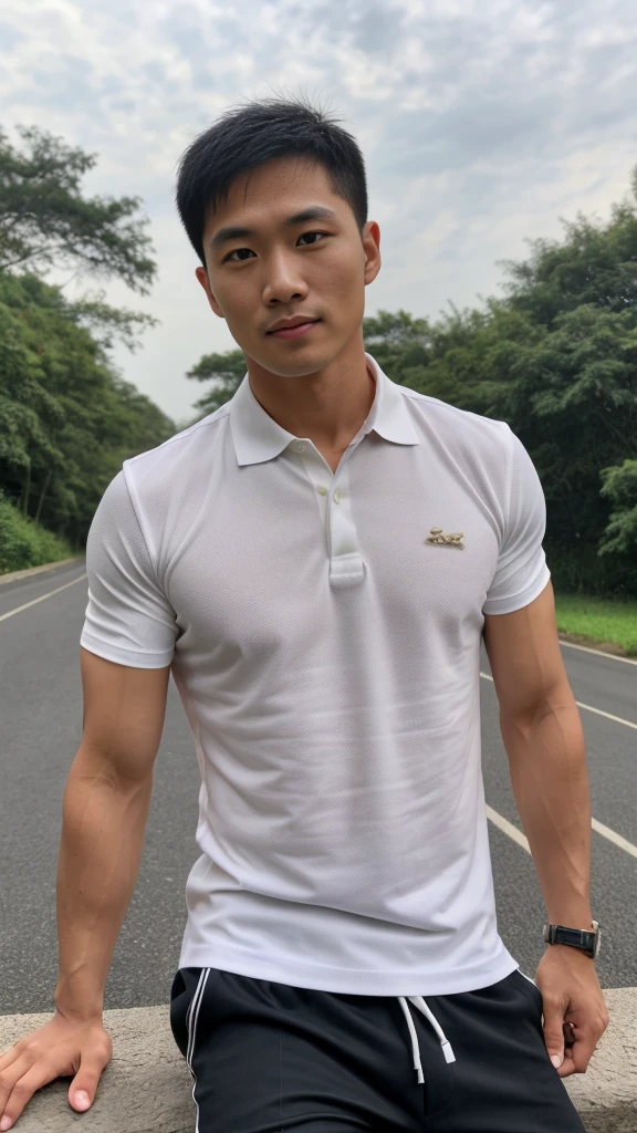 Thai man ,man,He is about 30 years old.,Rough and handsome appearance,Big muscleuscleหน้าอกขนาดใหญ่,(white polo shirt park:1.3),Big waistline,chest hair,sitting on the roadside,Wearing the tongs,buzz cut, angry, sullen, best quality, Masterpiece,(outdoor background road :1.5),(Have muscles:4.5),(fat:1.5),(gray hair:1.5 ),(gray body hair:1.5),(skin wrinkles:1.5),(shine on the skin:1.5),(best quality,High resolution,Masterpiece:1.2),The eyes are natural and delicate.,1 person,alone,gay asian,muscle,Long legs,brave,short hair details,conjunctivitis ,stalwart,brown eyes,in the bedroom,