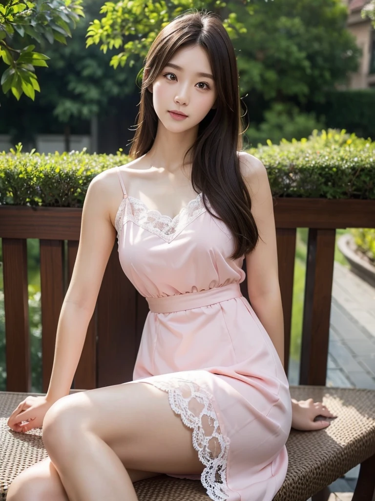 Put your chest close、Maxi-length chemise dress with salmon pink lace、(Highest quality)、((Very detailed))、4K、(8K)、masterpiece、Very detailedな、Highest quality、Super Resolution、1 person、Kind Face、Soft Light、RAW quality、Soft Skin、163cm、Garden Terrace、30 years old、Thighs、Legs crossed