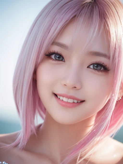 (In 8K, Highest quality, Tabletop, Ultra-high resolution, High quality face:1.5), (Rich in details), Looking into the camera, (Virtual YouTuber:1.3),(Photorealistic:1.4) (Close-up:1.6), 1 beautiful girl, White skin, (とてもWhite skin, Glittering Skin:1.4), Pin Spot Light, (Beautiful round eyes, Droopy eyes, Light in your eyes), Shiny, Bright straight hair, ice pink hair, hair longer than butt, Thin Hair, Idol Smile, Soft, de luz, cute, refreshing, 輝くde luz拡散反射, ((Pink Diamond Light)), (Japanese),Dreamy, Different space