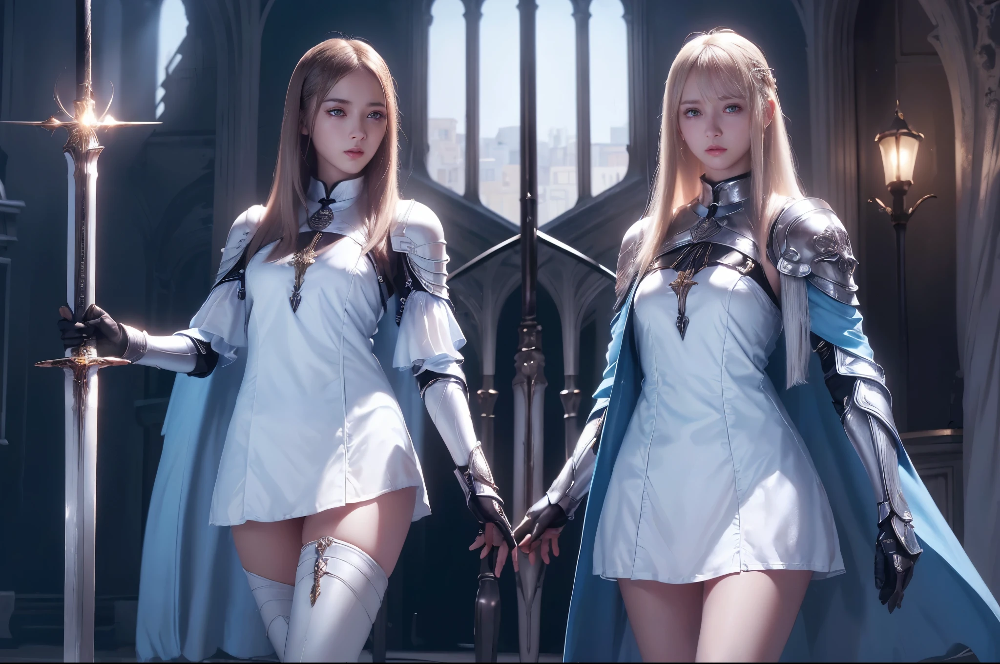 Top quality, masterpiece, very high resolution, (photorealistic: 1.4), Raw photo, 2 girls, long straight blond hair cut in a bob, light blue eyes, (beautiful breasts)、shiny skin、(( (beautiful detailed European faces)))、With a beautiful sword and shield、gorgeous and resplendent luminous girls,(Beautiful silver sexy armor、(((Random straight hair))),(((beautiful legs))), (proportionate breasts ), Seductive look, ((Background of beautiful decaying dungeon ruins)), (Ultimate beauty), (Detailed and realistic beauty face), (Fighting demonic beasts), (Small LED), ((Super realistic details)), portlate, global lighting, Shadow, octane rendering, 8k, ultra-sharp, exposed raw skin in neckline, metals, Intricate ornament details, very intricate details, Lightweight and realistic (Mystical expression), CGSoation trend, bright eyes, Facing the camera), Gundam, Small LED.