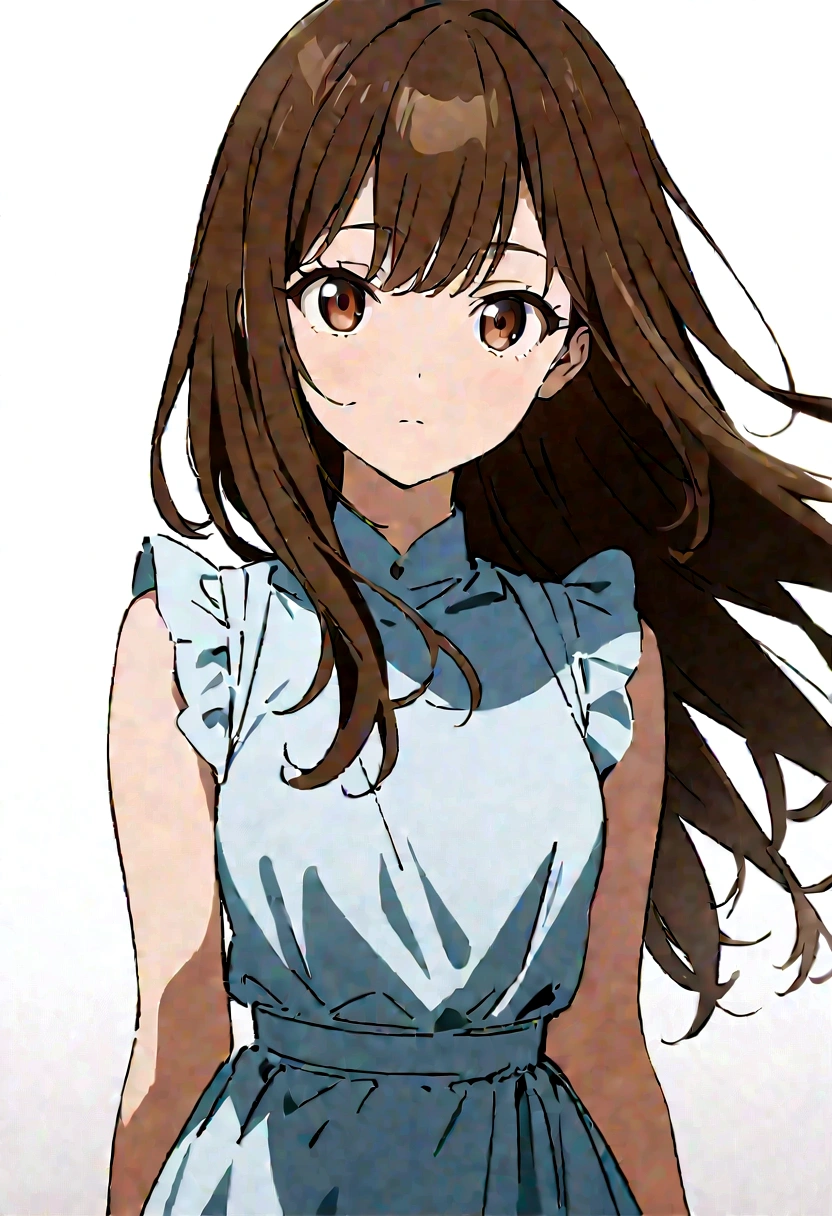 Masterpiece, Best quality, 1 Female,l, young girl, brown eyes color, long hair, smoky mix brown color hair, resolute eyes, white and blue dress, white eardrop, frontal photo, blank background, remove background, anime, illustration