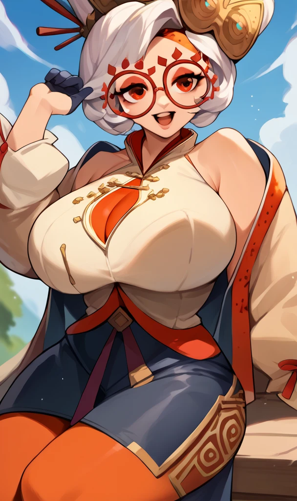 score_9, score_8_up, score_7_up, score_6_up, score_5_up, score_4_up, (source_anime), purah,
1girl,  huge breasts, narrow waist, thick thighs,  hair ornament, red headband, red glasses, sleeveless shirt, white coat, black skirt, red leggings, gloves, high heels, outdoors, happy,