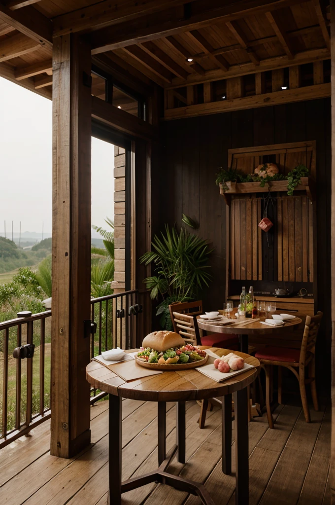 nature hotel outside table , meat bun
