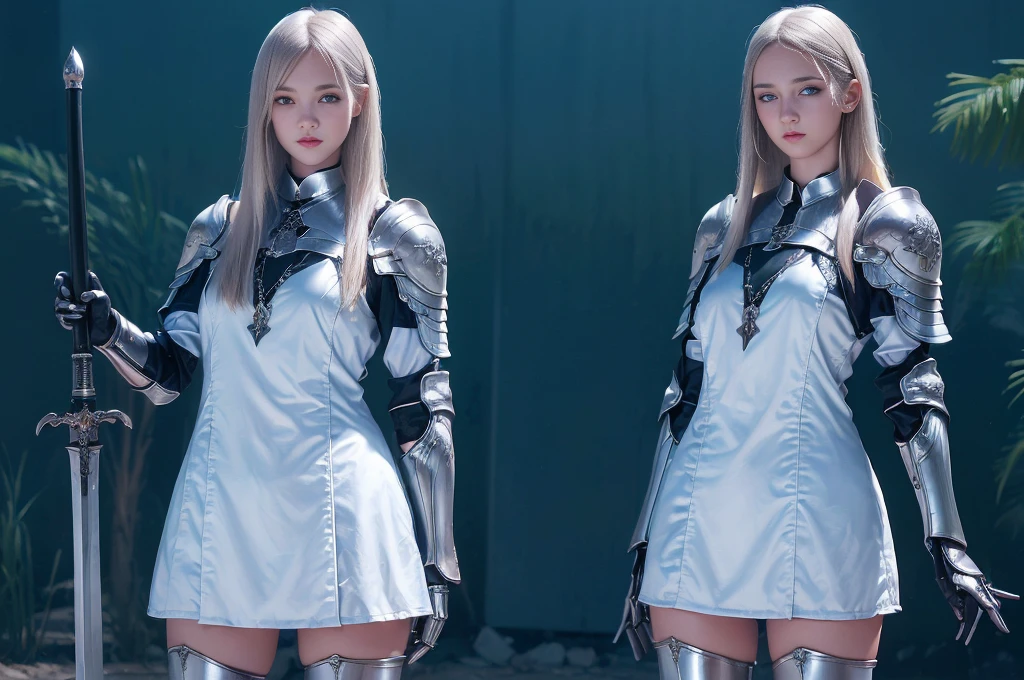 Top quality, masterpiece, very high resolution, (photorealistic: 1.4), Raw photo, 2 girls, long straight blond hair cut in a bob, light blue eyes, (beautiful breasts)、shiny skin、(( (beautiful detailed European faces)))、With a beautiful sword and shield、gorgeous and resplendent luminous girls,(Beautiful silver sexy armor、(((Random straight hair))),(((beautiful legs))), (proportionate breasts ), Seductive look, ((Background of beautiful decaying dungeon ruins)), (Ultimate beauty), (Detailed and realistic beauty face), (Fighting demonic beasts), (Small LED), ((Super realistic details)), portlate, global lighting, Shadow, octane rendering, 8k, ultra-sharp, exposed raw skin in neckline, metals, Intricate ornament details, very intricate details, Lightweight and realistic (Mystical expression), CGSoation trend, bright eyes, Facing the camera), Gundam, Small LED.