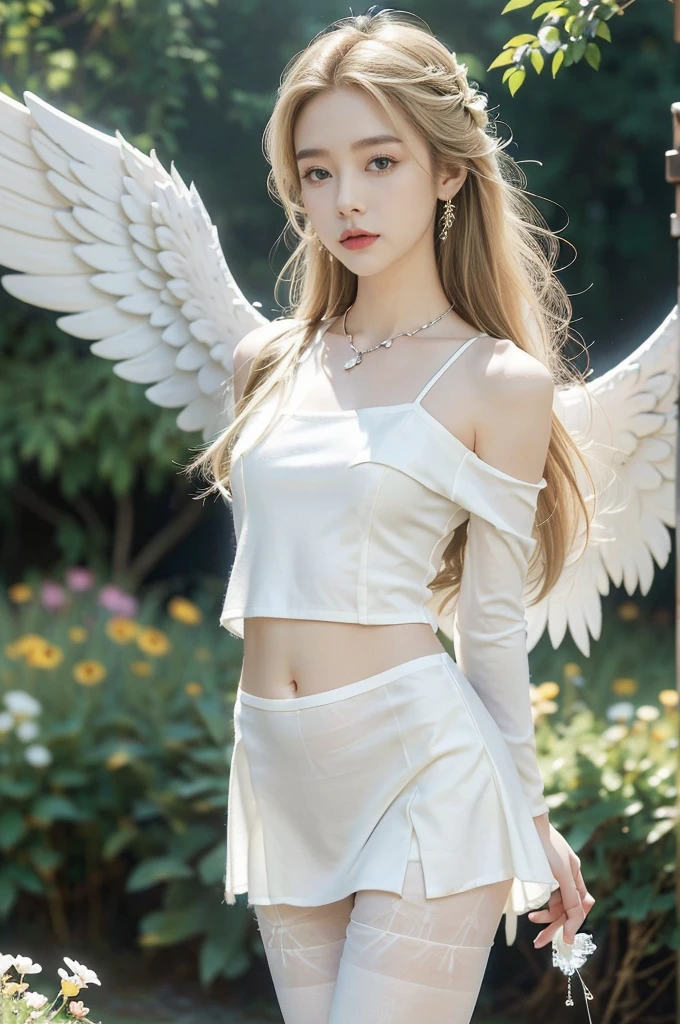 (((best quality))), (((ultra detailed))), (((masterpiece))), illustration,((1 beautiful little girl,solo,angel)),((fair skin,shoulder length straight blonde hair,blue eyes)),(earrings,crystal necklace),((slim,thin,small breasts,flat chest)),joyful expression,(white wings:1.3),(flowing short-sleeved white sheer dress:1.3),((In heaven, garden setting)), vibrant flowers,(colorful flowers:1.3),lush grass, gentle breeze, (clear sky, fluffy clouds, shining sun),((navel)),((from front,standing,upper body,arms behind back)),((pantyhose))