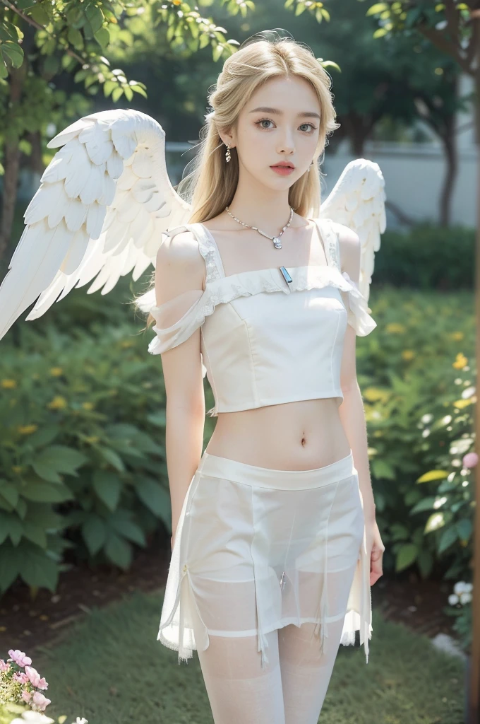 (((best quality))), (((ultra detailed))), (((masterpiece))), illustration,((1 beautiful  girl,solo,angel)),((fair skin,shoulder length straight blonde hair,blue eyes)),(earrings,crystal necklace),((slim,thin,small breasts,flat chest)),joyful expression,(white wings:1.3),(flowing short-sleeved white sheer dress:1.3),((In heaven, garden setting)), vibrant flowers,(colorful flowers:1.3),lush grass, gentle breeze, (clear sky, fluffy clouds, shining sun),((navel)),((from front,standing,upper body,arms behind back)),((pantyhose))