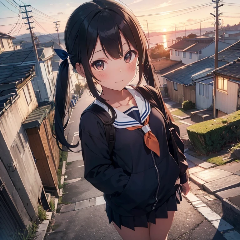 best quality, detailed, masterpiece, 1 girl, standing, gentle smile, 15yo, (low twintails:1.4), low pigtails, black hair, long hair, (navy blue sailor suit with blue ribbon:1.2), long sleeves, (dark brown eyes), (school bag), from the front, from few above, POV, alone, (steep downhill), long hill straight road to the back, electric pole, electric cable, hill city, housing, cityscape, sea in the distance, nice view, 15 o'clock, orange sky, animation