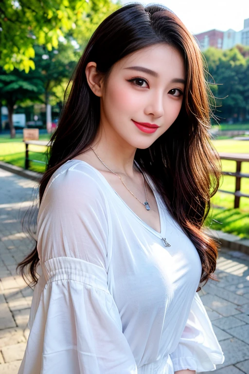 seed;88117315,((Full Body Angle))、Front hair:1.3))、((Highest quality, 8K, masterpiece: 1.3)), concentrated: 1.2, Cute girl 1,Nipples erect、 Perfect beauty: 1.4,Cut and sewn T-shirt Raglan sleeve summer short sleeve T-shirt.Shorts: 1.2,Long sleeve、Randall Color、comics&Text Graphics、Black ruffle-trimmed drawstring zip blouse,1.1, Highly detailed face and skin textures, Fine grain, double eyelid, whitening skin, ,Highest quality,Ultra-high resolution,you,1 girl,alone,_Shiny_skin,Iris,necklace,((brown_length_Wavy_hair)),(lips)),eyelash,Front hair,deal with,compensate,Shiny,pore,skin,Large Breasts、((smiling face))、Riverside Walk、walk、