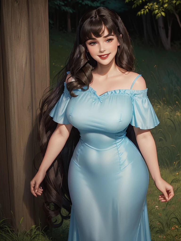 (((1 girl))) DisneyAurora, 27 years old, full body view Beautiful woman (((shoulder length wavy brunette hair, two side up with bangs))) defined body, voluptuous, sexy, Red lipstick, hands free, (((mouth slightly open, smiling))) (((standing facing camera))) ((( short sleeve, pale blue nightgown ))), in a sunlit grassy field (large_breasts:1.2) (curvy:1.1)(chubby:0.9)