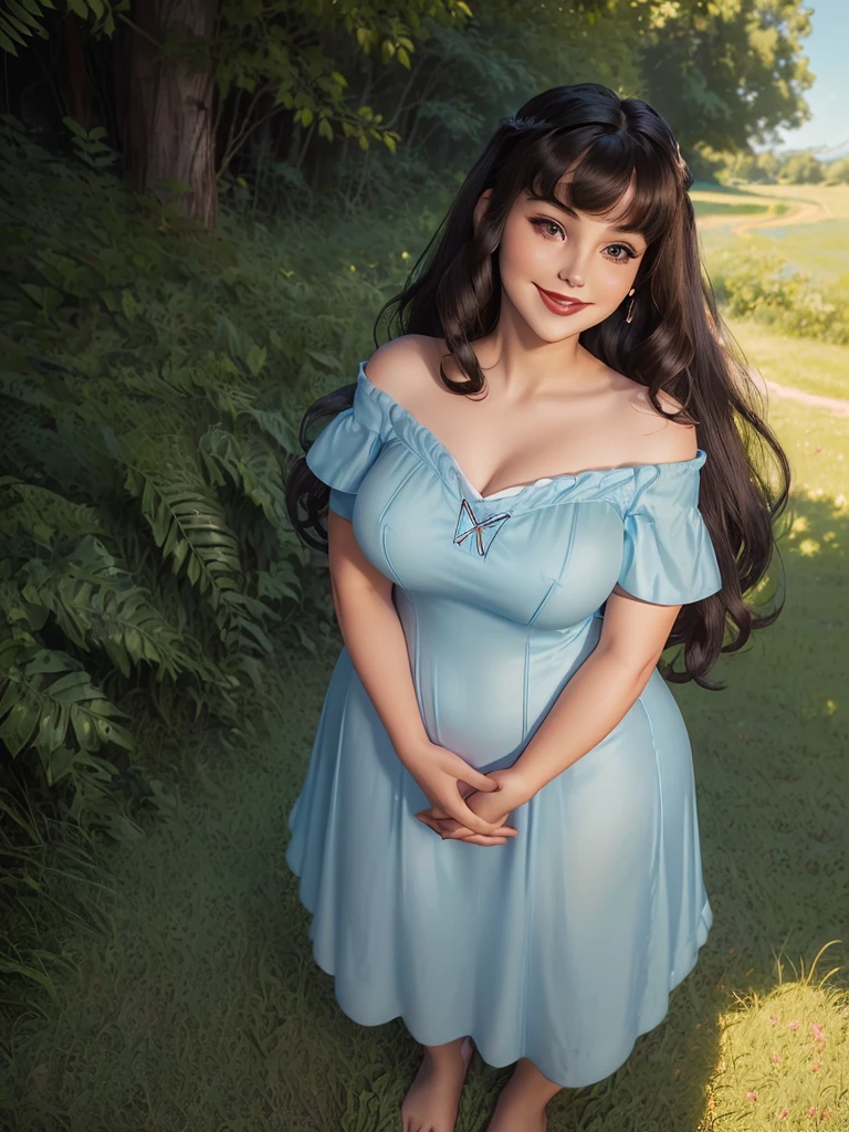 (((1 girl))) DisneyAurora, 27 years old, full body view Beautiful woman (((shoulder length wavy brunette hair, two side up with bangs))) defined body, voluptuous, sexy, Red lipstick, hands free, (((mouth slightly open, smiling))) (((standing facing camera))) ((( short sleeve, pale blue nightgown ))), in a sunlit grassy field (large_breasts:1.2) (curvy:1.1)(chubby:0.9)
