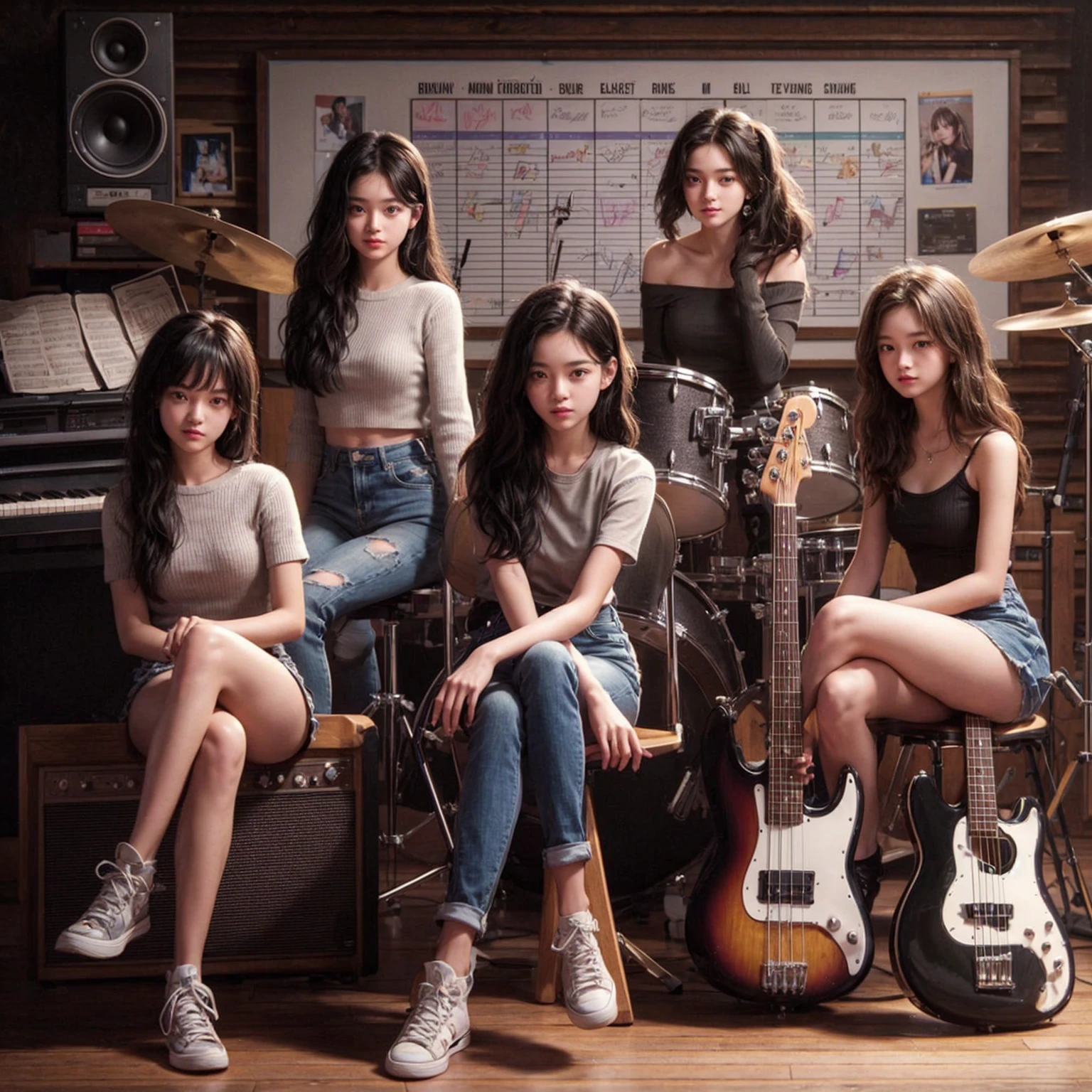 **Photo of 5 beautiful girls, aged 18 to 20, sitting:**
- **3 girls with messy black hair**
- **1 girl with wavy bob black hair**
- **1 girl with a black ponytail**
One girl is playing the drums, one girl is playing the piano, one girl is playing the bass guitar, one girl is playing the guitar, and one girl is singing. They are sitting behind a board with the word "ECHO" written on it. The background is a music studio, complete with drums, guitars, bass guitar, and piano. The image is ultra HD, 4k, photorealistic, raw, and a masterpiece.