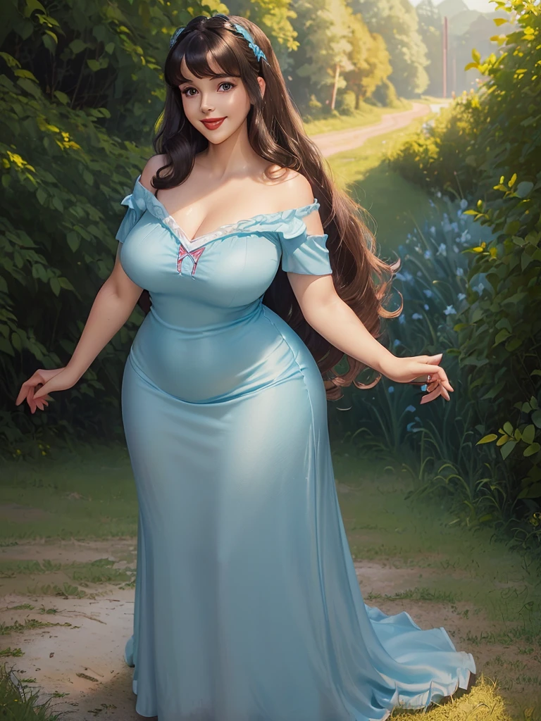 (((1 girl))) DisneyAurora, 27 years old, full body view Beautiful woman (((shoulder length wavy brunette hair, two side up with bangs))) defined body, voluptuous, sexy, Red lipstick, hands free, (((mouth slightly open, smiling))) (((standing facing camera))) ((( short sleeve, pale blue nightgown ))), in a sunlit grassy field (large_breasts:1.2) (curvy:1.1)(chubby:0.9)