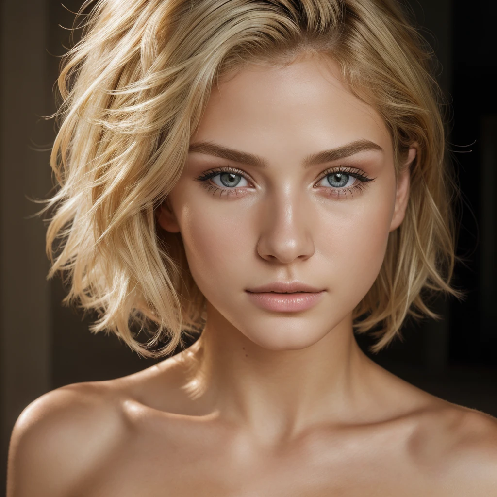 ((best quality)), ((ultra res)), ((photorealistic)), (intricate details), 19 years old, blonde hair, perfect face, make up:1.5, light on face, face detail, NAKED, short hair,