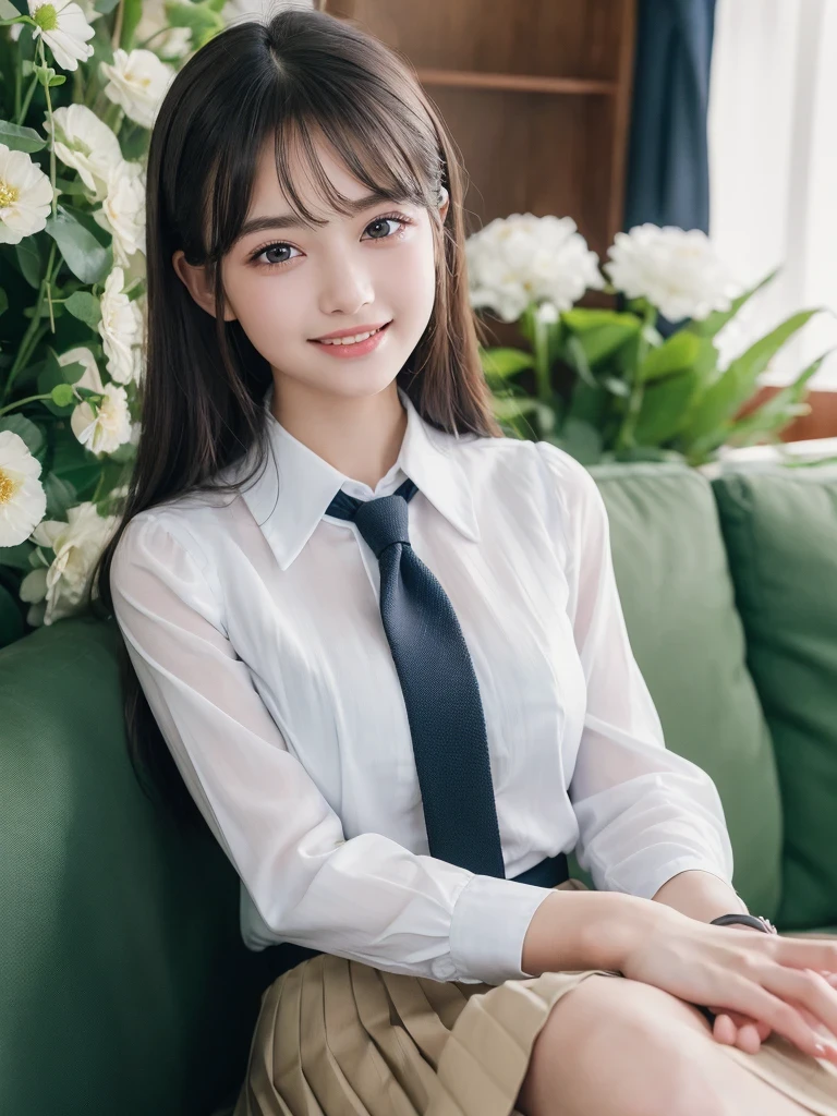 (1woman), (round eyes:1.2), (highly detailed face and eyes), refreshing smile, Amazing face and eyes, (school uniform, pleated skirt, tie:1.3), (Best Quality:1.4), (Ultra-detailed), (extremely detailed CG unified 8k wallpaper), Highly detailed, High-definition raw color photos, Professional Photography, Realistic portrait, indoors, (casual room, cute wallpapers:1.3), (Surrounded by lots of cute fresh flowers. Inside a photo studio, cute sofa:1.3), depth of fields, reflection of light, (fine face:1.2), summer,