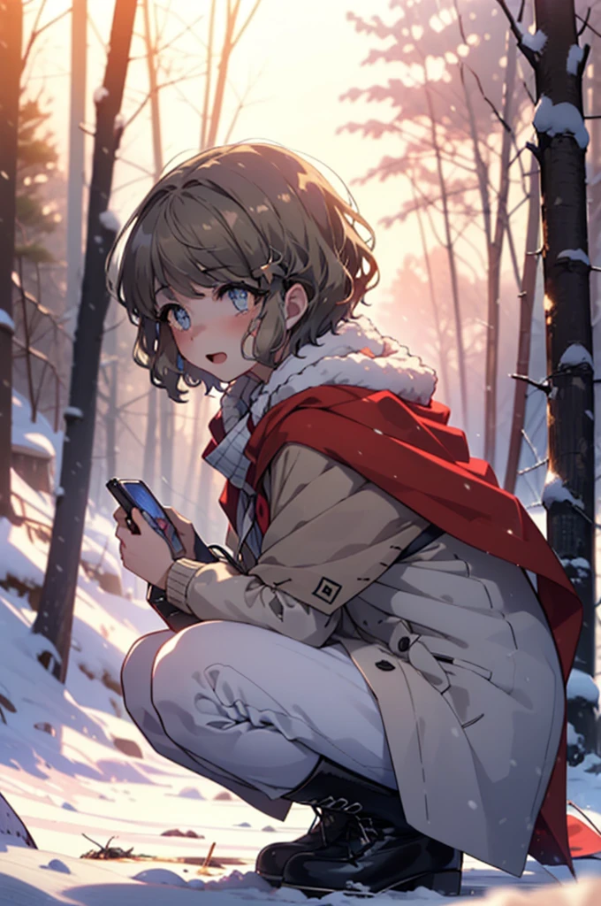 tomoekoga, Chie Koga, short hair, Brown Hair, blue eyes, hair band,smile,blush,White Breath,Medium Chest,
Open your mouth,snow,Ground bonfire, Outdoor, boots, snowing, From the side, wood, suitcase, Cape, Blurred, having meal, forest, White handbag, nature, Squat, Mouth closed, Cape, winter, Written boundary depth, Black shoes, red Cape break looking at viewer, Upper Body, whole body, break Outdoor, forest, nature, break (masterpiece:1.2), Highest quality, High resolution, unity 8k wallpaper, (shape:0.8), (Beautiful and beautiful eyes:1.6), Highly detailed face, Perfect lighting, Highly detailed CG, (Perfect hands, Perfect Anatomy),