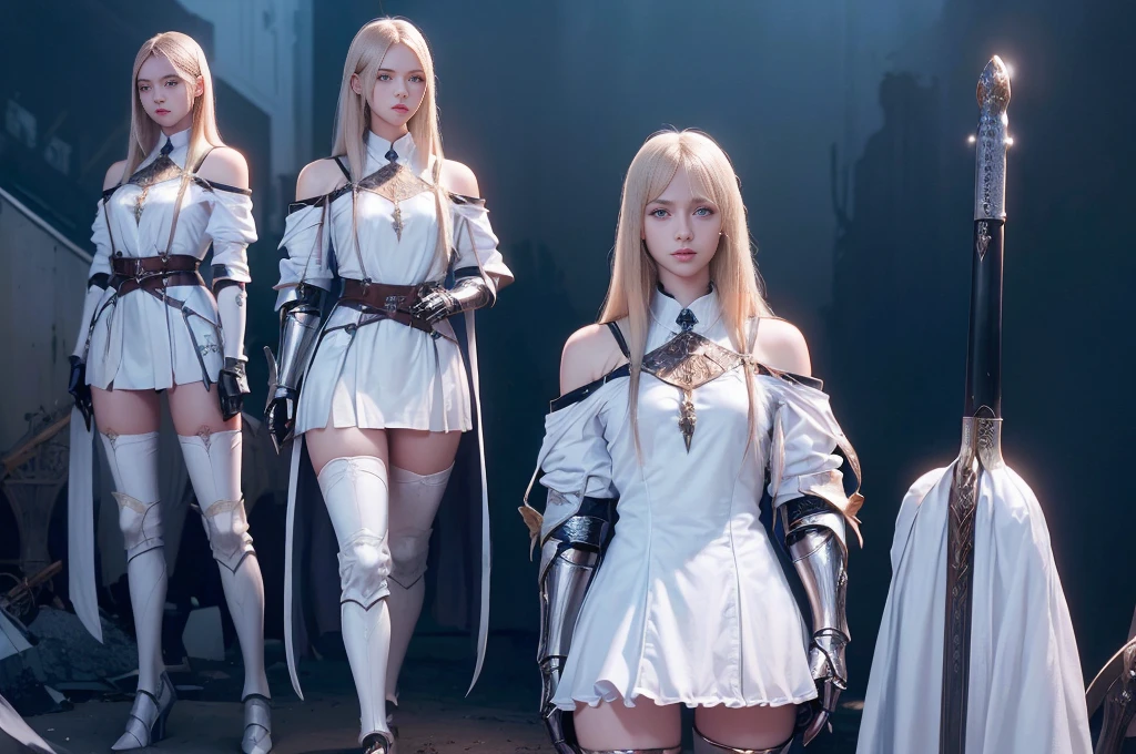 Top quality, masterpiece, very high resolution, (photorealistic: 1.4), Raw photo, 2 girls, long straight blond hair cut in a bob, light blue eyes, (beautiful breasts)、shiny skin、(( (beautiful detailed European faces)))、With a beautiful sword and shield、gorgeous and resplendent luminous girls,(Beautiful silver sexy armor、(((Random straight hair))),(((beautiful legs))), (proportionate breasts ), Seductive look, ((Background of beautiful decaying dungeon ruins)), (Ultimate beauty), (Detailed and realistic beauty face), (Fighting demonic beasts), (Small LED), ((Super realistic details)), portlate, global lighting, Shadow, octane rendering, 8k, ultra-sharp, exposed raw skin in neckline, metals, Intricate ornament details, very intricate details, Lightweight and realistic (Mystical expression), CGSoation trend, bright eyes, Facing the camera), Gundam, Small LED.