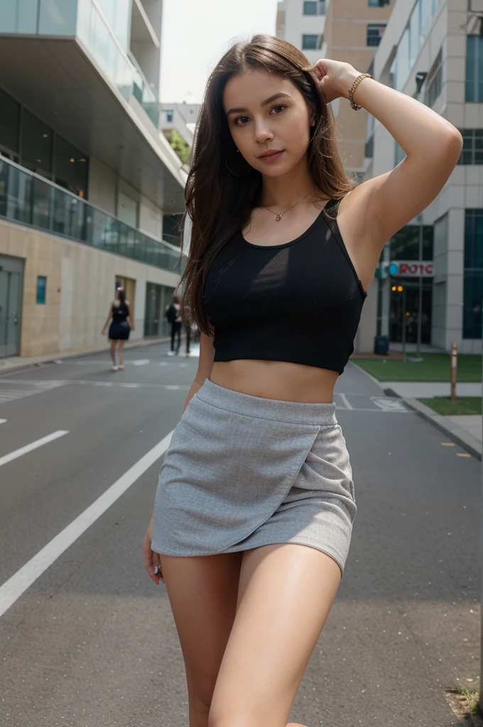 1girl in, 30 years old, Square face, Long hair, Looking at viewer, jewelry, Reality, Sexy, Short skirt outfit, , sports background, free pose