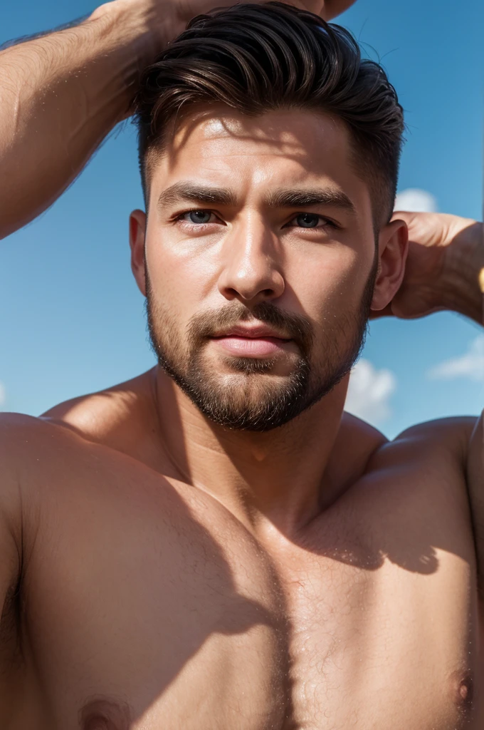 (8K、RAWE Photo、Highest quality、masterpiece:1.2)、(Real、Photorealistic:1.37)、Super detailed、Ultra-high resolution、1 male、Beautiful detailed face、(Feather Cut: 0.6)、Professional Lighting、The lighting is bright、Actor、model、Full body、Wide-angle shot、Daytime、bright , simple background ,Simple Background、Slender、beard、front、Face close-up、