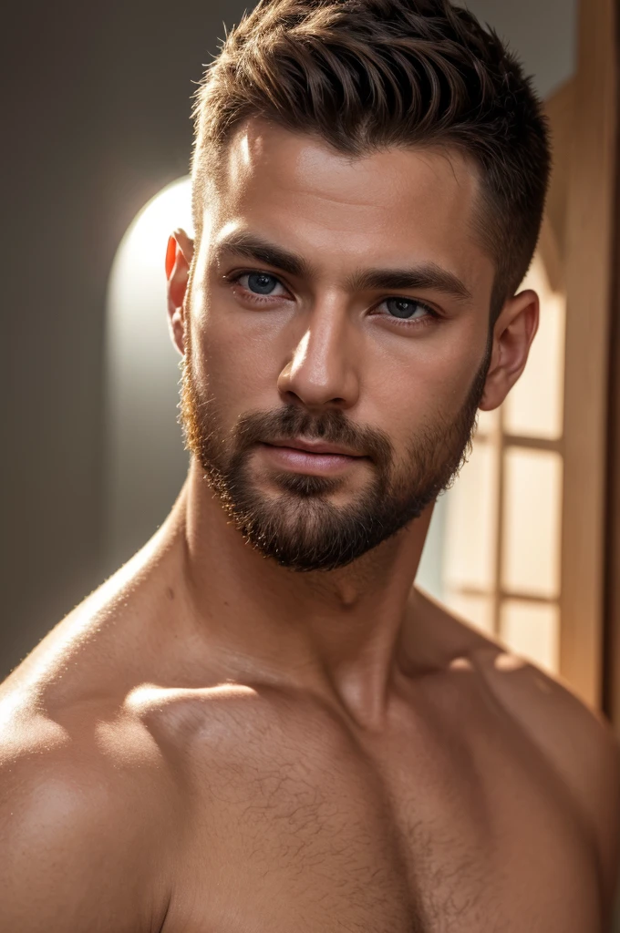 (8K、RAWE Photo、Highest quality、masterpiece:1.2)、(Real、Photorealistic:1.37)、Super detailed、Ultra-high resolution、1 male、Beautiful detailed face、(Feather Cut: 0.6)、Professional Lighting、The lighting is bright、Actor、model、Full body、Wide-angle shot、Daytime、bright , simple background ,Simple Background、Slender、beard、front、Face close-up、