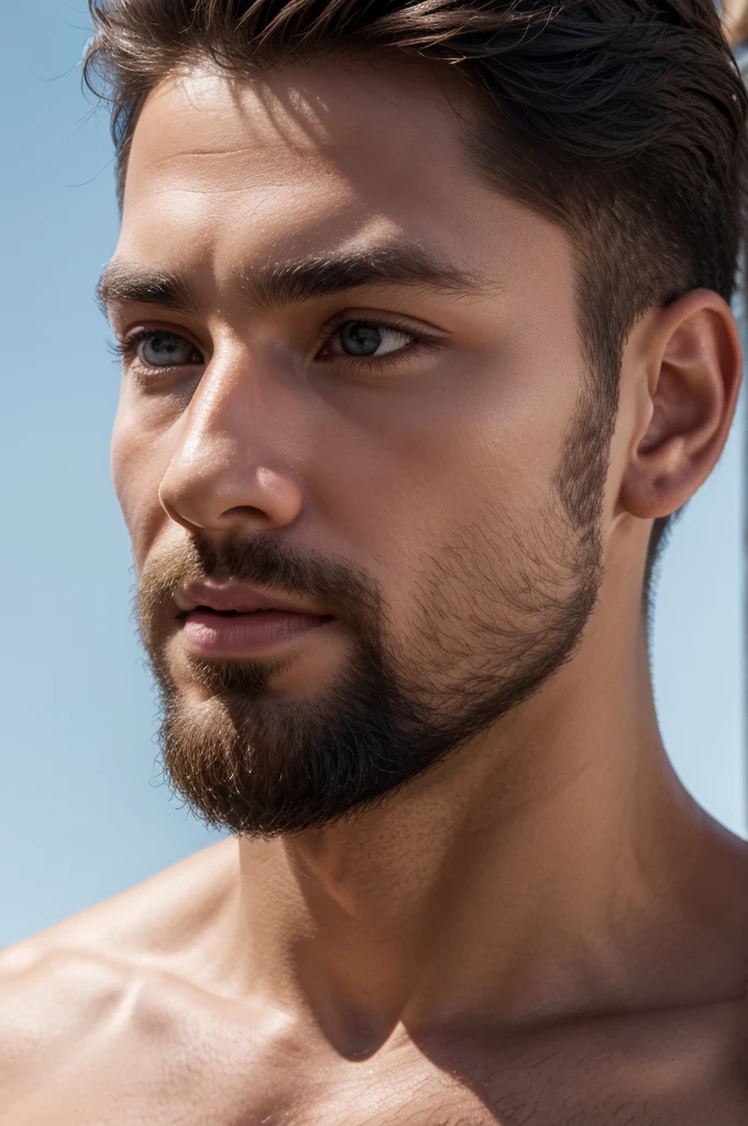 (8K、RAWE Photo、Highest quality、masterpiece:1.2)、(Real、Photorealistic:1.37)、Super detailed、Ultra-high resolution、1 male、Beautiful detailed face、(Feather Cut: 0.6)、Professional Lighting、The lighting is bright、Actor、model、Full body、Wide-angle shot、Daytime、bright , simple background ,Simple Background、Slender、beard、front、Face close-up、