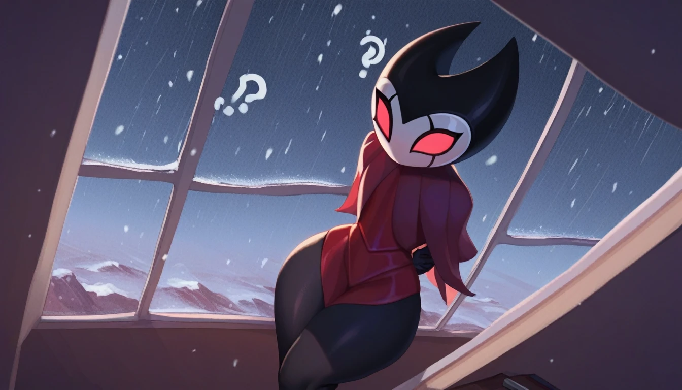 score_9, score_8_up, score_7_up, score_6_up, zPDXL2, grimm \(hollow knight\), vampire, bat, 1boy, solo, cute face, detailed eyes, anthro, clothed, background, near the window, landscape, looking at the viewer, thick thighs, angle from above, highlight thighs, It's snowing outside, it's night, a lamp is on nearby, hands behind the back, ?