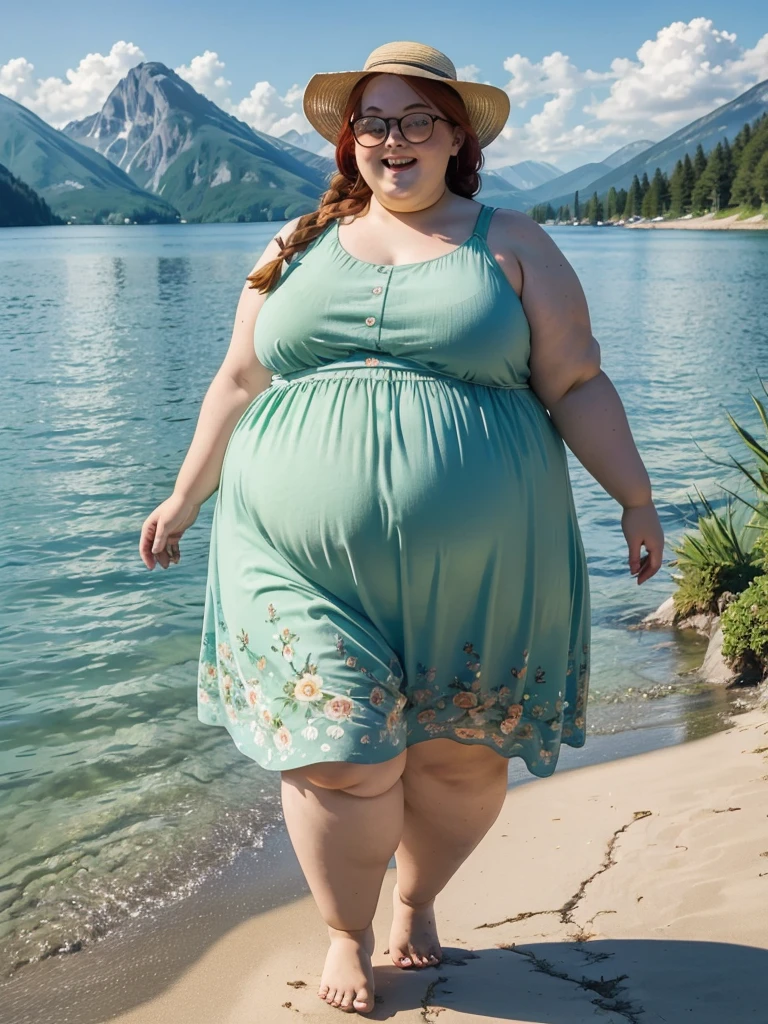 A joyful full body photo of a young happy cute smart redhead bbw with long single-braided hair soft fat belly, cute double-chin, fat soft belly, thick fat wide legs and fat arms, cute pretty face, small breasts, blue eyes, freckles, in a cute long green flowery summer-dress, summer hat, cute sunglasses, walking barefoot on a lakeside with hills in the background