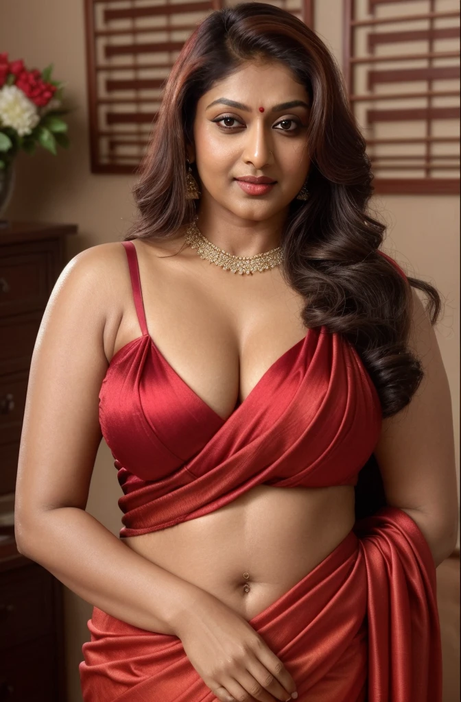 Wearing a sexy satin saree with strapless Bra, sexy Indian housewife, Looks like Indian Actress Nayanthara, actress Nayanthara, mallu, mallu aunty, desi aunty, full figured mature beauty, sweaty skin , shining skin, sweat, attractive figure, 48 years old, spicy hot, desi milf, desi aunty, a close up of a woman in a red dress in a bedroom, inspired by Avigdor Arikha, sleek!!!, indian super model, wavy hair combed to one side, actress, by Jitish Kallat, smoldering, intense smoldering, fashion, an angel, print ready, with a dramatic looking, inspired by Sudip Roy, seductive look, sexy Saree queen, sexy Saree fashion, seductive Saree, wear saree, sizzling hot Beauty, red juicy lips, sexy navel folds, fleshy body, curvy beauty,