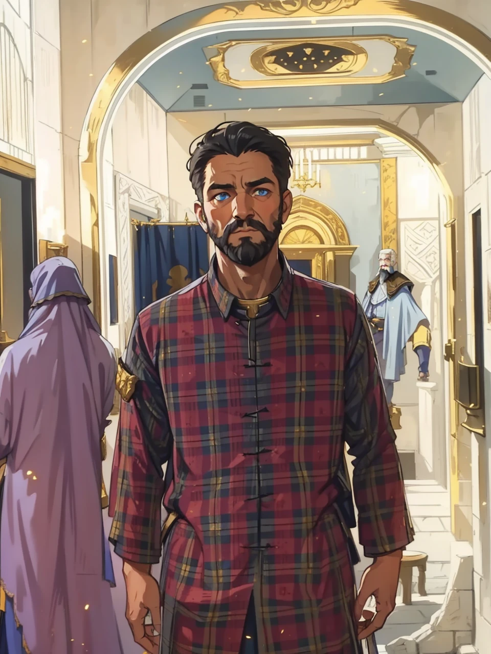 A king man with short, white hair, thick beard and blue eyes, he is dressed blue and gold in elegant costumes of a medieval king in a rocky, medieval and shadowy castle, he is in a shadowy castle, the castle has dark colors and little light, a castle with warm, dark colors and fire in a medieval art, rpg, illustration, rpg, medieval art, a man not so old 40 years old in a Approximate image as a real portrait