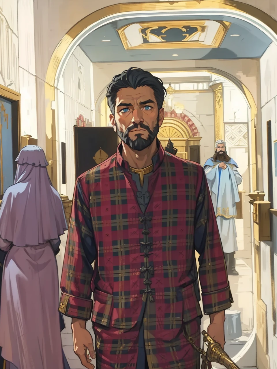 A king man with short, white hair, thick beard and blue eyes, he is dressed blue and gold in elegant costumes of a medieval king in a rocky, medieval and shadowy castle, he is in a shadowy castle, the castle has dark colors and little light, a castle with warm, dark colors and fire in a medieval art, rpg, illustration, rpg, medieval art, a man not so old 40 years old in a Approximate image as a real portrait