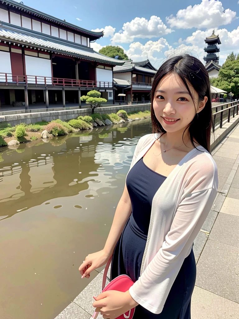 Smiling Asian woman with Kyoto river in the background