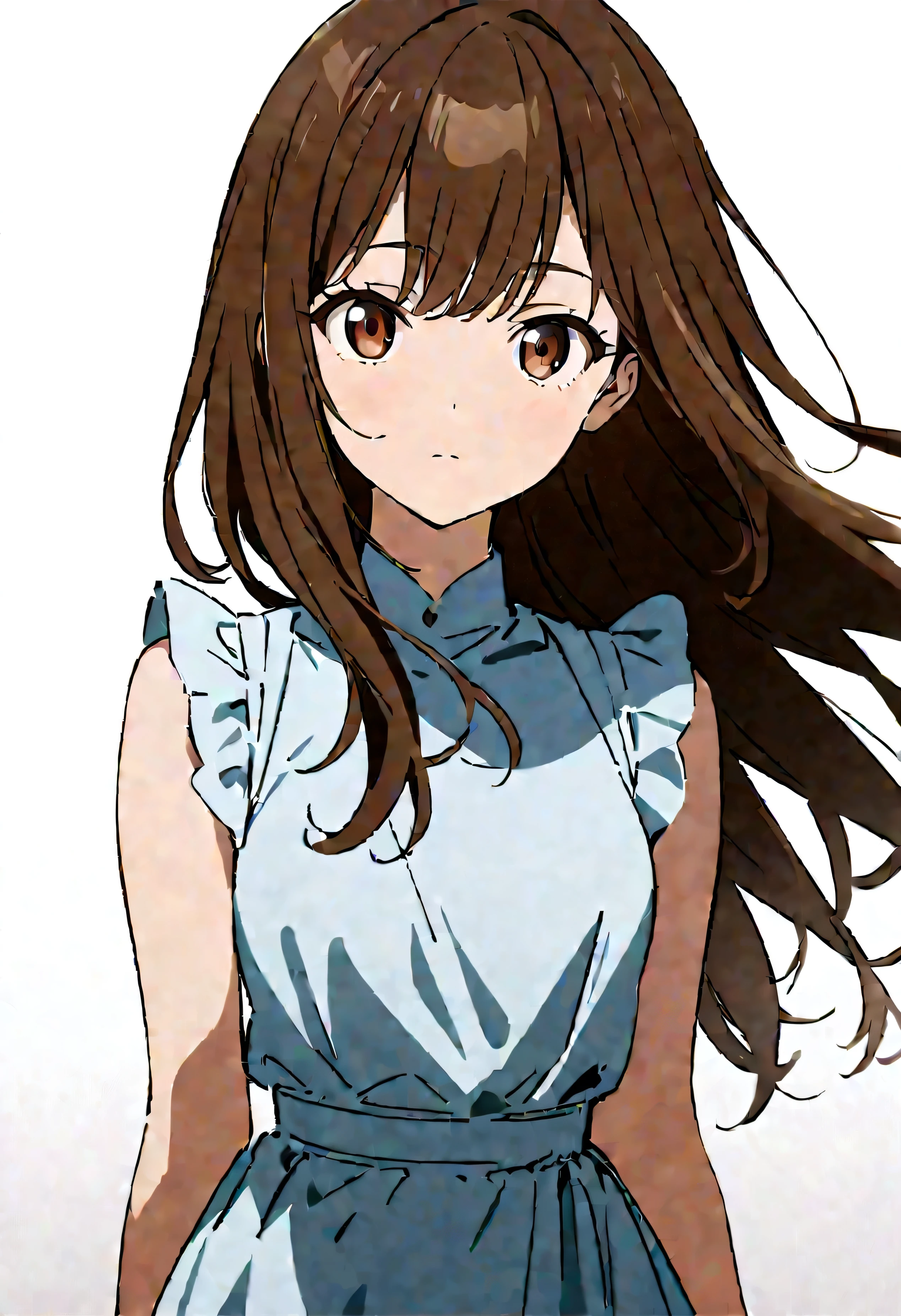 Masterpiece, Best quality, 1 Female,l, young girl, brown eyes color, long hair, smoky mix brown color hair, resolute eyes, white and blue dress, white eardrop, frontal photo, blank background, remove background, anime, illustration