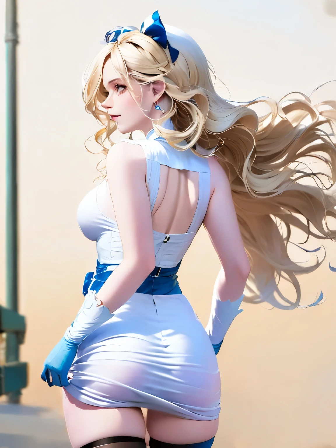 ((best quality)), ((masterpiece)), ((1girl)), solo, Ferry, ((long hair)), FerryBase, ((thighhighs)), bare shoulders, ((jewelry)), ((sleeveless)), white dress, blue skirt, ((gloves)), thigh-high, from behind.