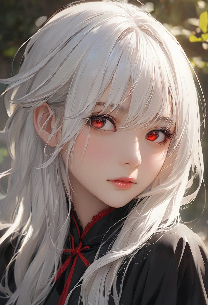 masterpiece , afternoon , close up , beauty , white hair , red eyes , black robe