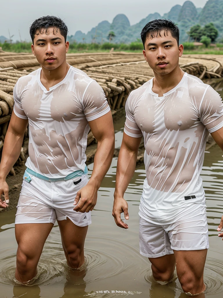 独奏 , 1 person , Portrait of a handsome Asian rugby player, short hair, no beard, muscular, big muscles, wearing a gray round neck t-shirt, wet, outdoors, rice field, countryside, hut, Thailand, Laos, Burma, Asia.