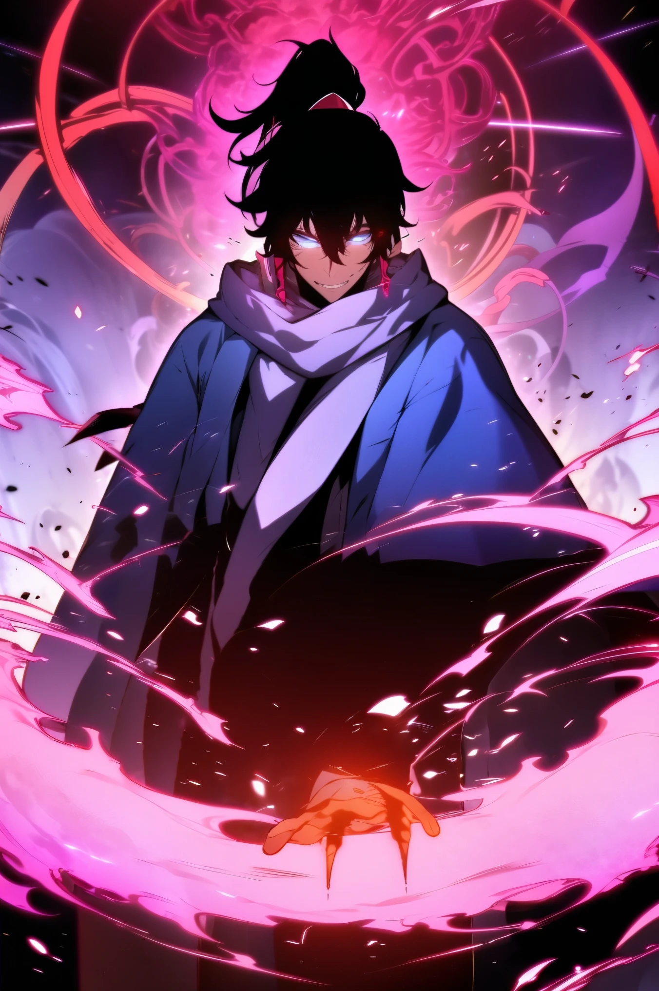 A man in fantasy clothes, wild Black hair, wild hair in a ponytail, white blue eyes, scar on the nose, scary smile, black scarf, black pancho,  powerful magical alchemist, Making Red Potions in Your Lab with Holographic Magic Circles, intense colors, 4k, un-zoom, intricate pencil sketch, perfect Anatomy