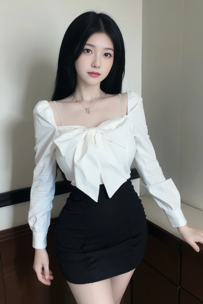best quality, tmasterpiece,Ultra-high resolution,Clear face,(Reality:1.4),ferpect lighting,(upper body shot;1.3), (photorealistic:1.50), anime wallpaper, Guviz style artwork, cover-up fantasy up to magic , by Yang J, Guviz, beautiful artwork illustration, beautiful digital artwork, beautiful digital illustration, Li Song, beautiful anime portrait, art style in Beauvot,1girl,black hair,(front:1.3),(standing:1.3),cowboy shot,
Sweet girl outfit5, high waist skirt, Black skirt,indoor,In the room,