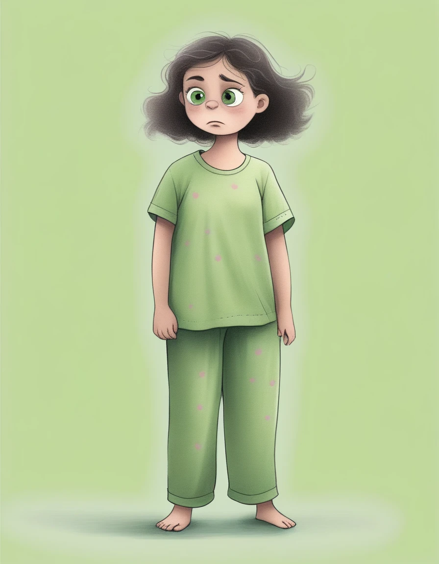 [Pina] A YOUNG GIRL WEARING LIGHT GREEN TISHIRT AND GREEN PAJAMA grumbles as her mother asks for help, and in her frustration, she wishes for many eyes to find things without moving.