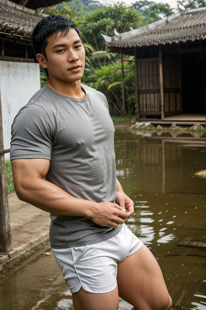 独奏 , 1 person , Portrait of a handsome Asian rugby player, short hair, no beard, muscular, big muscles, wearing a gray round neck t-shirt, wet, outdoors, rice field, countryside, hut, Thailand, Laos, Burma, Asia.