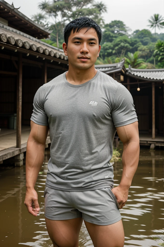 独奏 , 1 person , Portrait of a handsome Asian rugby player, short hair, no beard, muscular, big muscles, wearing a gray round neck t-shirt, wet, outdoors, rice field, countryside, hut, Thailand, Laos, Burma, Asia.