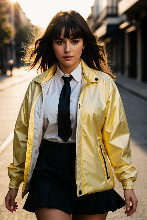 1girl, intricate detail, masterpiece, best quality, extremly detailed,cinematic lighting, beautiful detailed glow, finely detailed beautiful face and eyes, 8k, dark intense shadows, yellow eyes, medium hair, black hair, bangs, floating hair, black jacket, open jacket, white shirt, expressionless, yellow necktie, black skirt, spotlight, sunshine, sunrise, gradient sky, city, lens flare, cowboy shot, [[curvy]], [mature female]