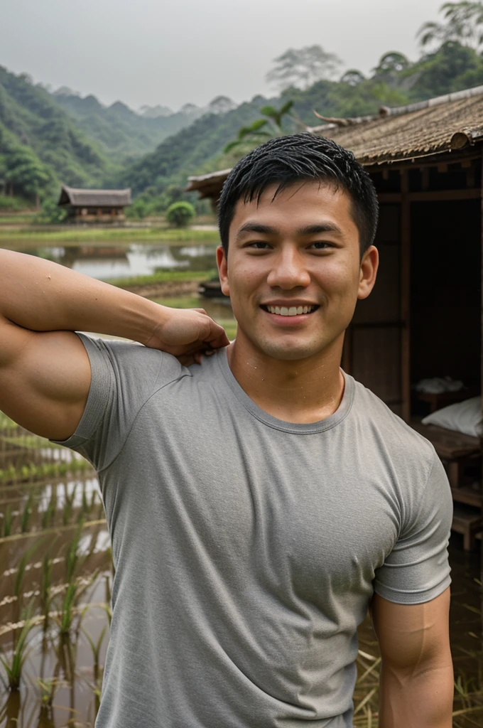 独奏 , 1 person , Portrait of a handsome Asian rugby player, short hair, no beard, muscular, big muscles, wearing a gray round neck t-shirt, wet, outdoors, rice field, countryside, hut, Thailand, Laos, Burma, Asia.
