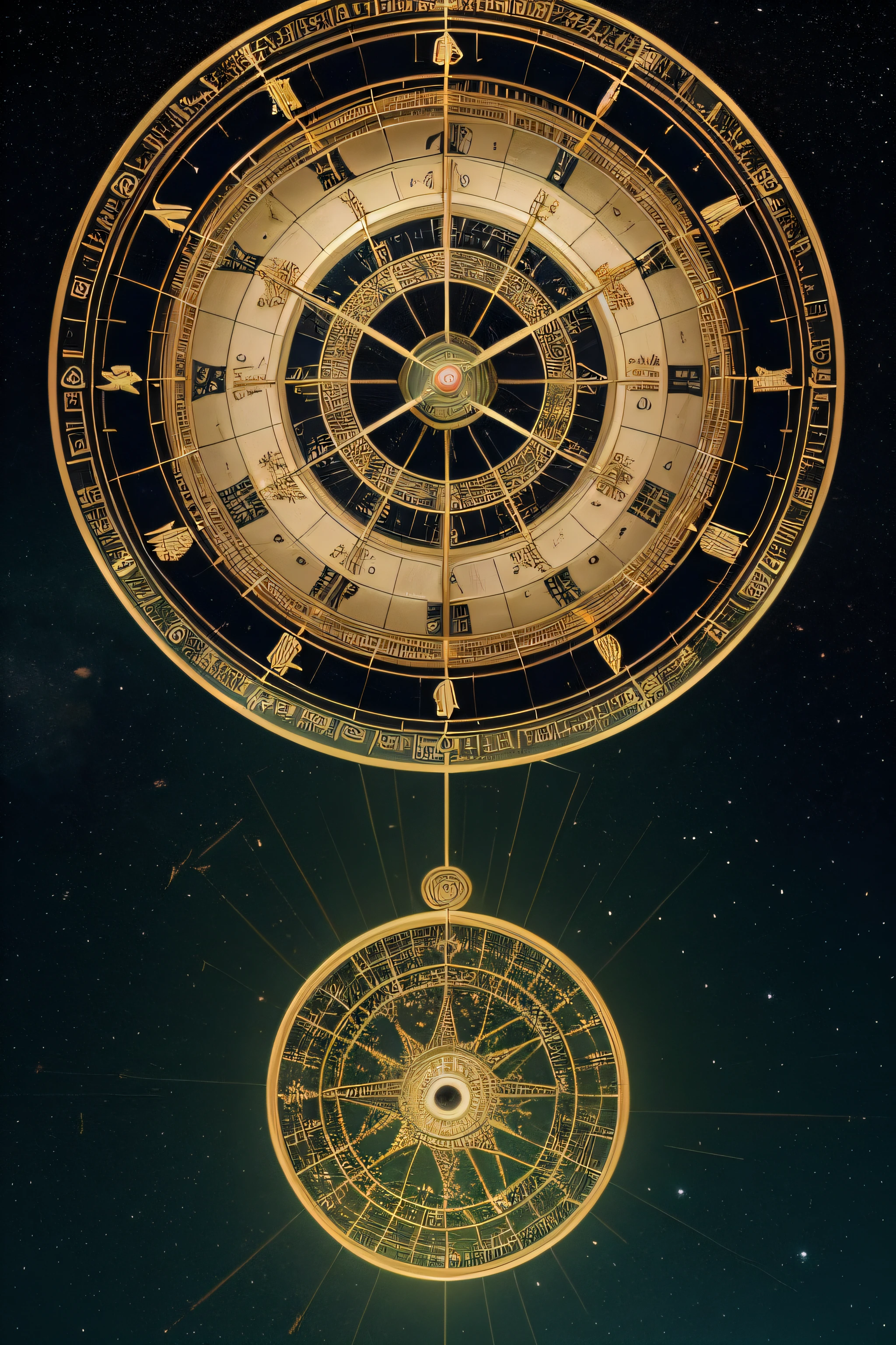 The clock of the zodiac, Inspired by Gong Xian's digital rendering, Trend of CGsociety, hurufiyya, unknown zodiac sign, astrology, scientific depiction, constellation, Numerology, lunar time, Astrolabe, infinite space clock background, Zodiac signs, geometry and astrology, Celestial regulators, libra symbol, Astral appearance，Greenish cast