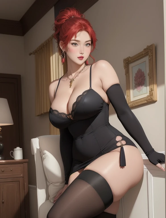 (masterpiece, best quality, high quality:1.4), Professional artwork, Intricate details, Field of view, Clear focus, meticulous, Realistic lighting, Popular on Pixiv, (Bright lighting, Vibrant colors:1.05), Realistic shadows, Ambient Occlusion, author:Yamamoto Takashi Marie, Mature female, , Solitary, (Curvy beauty:1.1), Sitting on the sofa, Cross your legs, VIP room, (Cowboy shooting:1.1),
(Red hair:1.05), Hair accessories, Lipstick, cosmetic, (Moles under the eyes:0.9), Necklace, Ultra-fine hair, Ultra-fine face, (Yellow eyes:1.05), Perfect eyes, Perfect face, earrings, (Attractive appearance, blush:1.15),
(Main dress:1.2), Necklace, (Black over-the-knee stockings:1.1),(High heel:1.2), Bare shoulders, necklace, nail,
(Large Breasts:1.15),(((Full and soft breasts,)))(((Medium breasts))) (((Cleavage))) (Perfect curvy figure), Big Ass, thigh