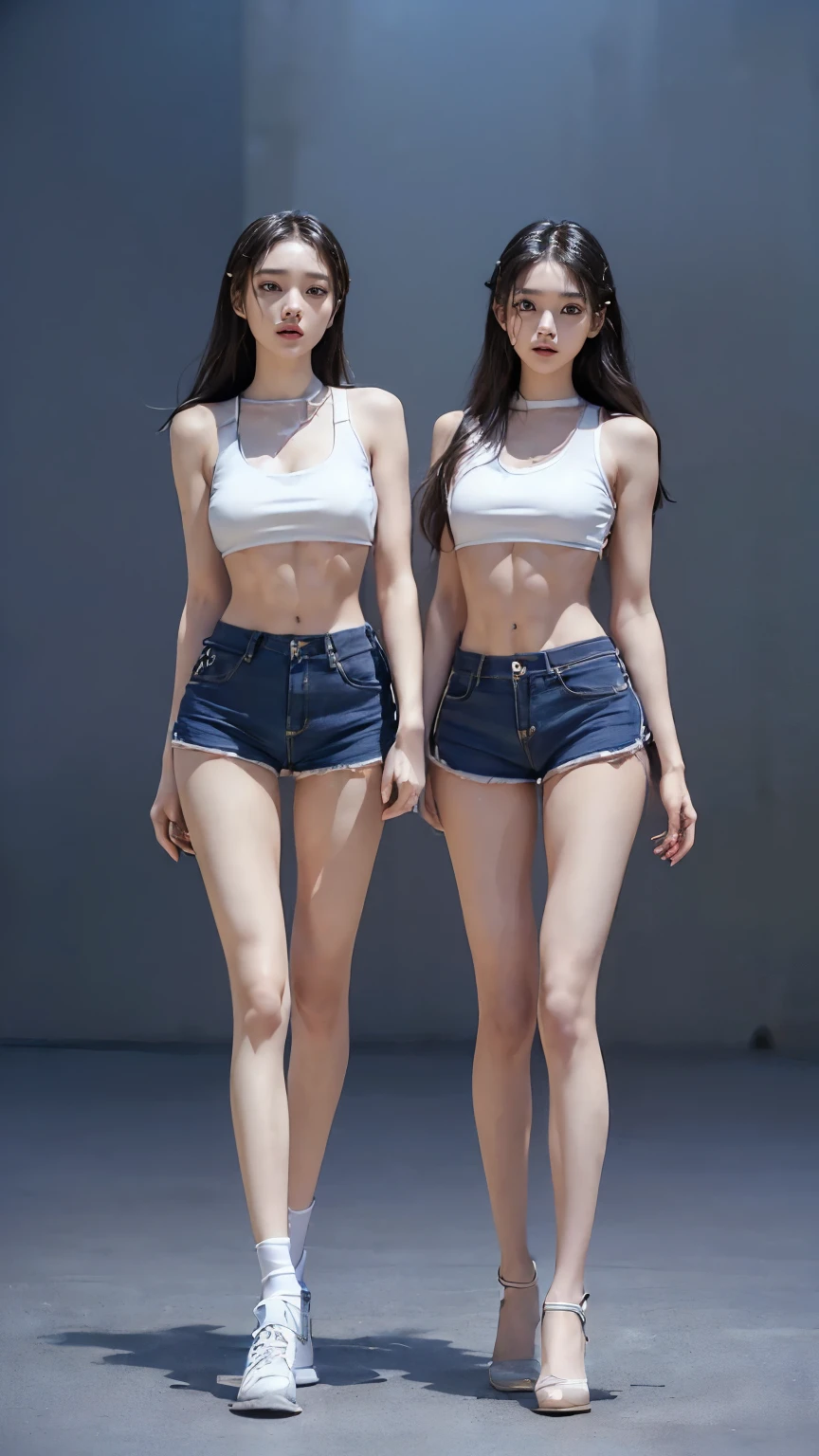 (8K、Raw photo、最high quality、masterpiece:1.5),(((((((Both of them stand with their legs apart:1.9))))))),(((((Both of them have an inseam that is more than half their height.:1.8))))),((Both have bare legs:1.6)),((Both of them are super slim:1.4)),(((((Two girls who look just like WONYOUNG from the k-pop group IVE were photographed:1.9))))),(((They both have super skinny legs:1.6))),(((Both are 173cm tall:1.4))),((Perfect k-pop IVE WONYOUNG style duo:1.3)),(((((Both of them take full body shots:1.8))))),((((Both of you should face your whole body straight ahead.:1.8)))),(((Photographed from below to show the whole body of the legs so that they look longer.:1.7))),Skin irregularities are reproduced in minute detail:1.4, (Super thin waist: 1.2),((超Thin thighs:1.2)), Thin buttocks,Open the navel,1Detailed reproduction of the navel,((Perfect super slim legs:1.3)),(((both of them are the same height:1.3))),(((Both of them have amazingly slim figures.:1.2))),(((Both are wearing micro shorts with a rise of 15cm and an inseam of 1cm.:1.8))),(Both are 16 years old:1.2),((((Both of them are extremely exposed.:1.7)))),(((((Both of them have super-strong abs:1.9))))),((Both of them were wearing short, form-fitting white sports bras.:1.4)),(((Big boobs but no bra:1.4))),(((Both of them had high, erect nipples clearly visible protruding from under their white sports bras.:1.4))),((((Standing in a fashionable theme park on a sunny day:1.4)))),Highly detailed face and skin texture,(Both of you stand with your legs straight and without bending your knees.:1.3),(((They're both the same height:1.4))),((Both of them look just like WONYOUNG from the K-pop idol IVE.:1.8)), ((((Sunny afternoon:1.3)))),((cute:1.4)),Both are fair-skinned Asians,,Both of them have beautiful eyes,,Both of them have beautiful eyes,,Both of them have beautiful noses, which are realistically reproduced.,Both of them have realistic eyes.,Both have beautiful mouths,((They both have beautiful fingers)),nail,Both of them have beautiful faces.,Both of their beautiful faces are realistically reproduced.,cute,(Ultra-Realistic Details), Natural Shadows,(Very small hips:1.4),Large firm breasts, Super long thighs,(((超Thin thighs:1.2))),(((Super slim calves))),(Both of them have the slender bodies of well-trained track and field athletes.:1.5),(Super muscular body:1.5),Super toned waist,(Super thin waist:1.3),((White high heels:1.2)),lengthen limbs,(((((Shooting the whole body from calf height:1.6))))),(Both of them have slim, toned ankles.:1.2),((((Wide open abdomen:1.5)))),Hands on hips,Both of them face forward,((Both figures have detailed and clear reproduction of the crotch area.)),((Super long legs:1.3)),Thin thighs,((Both of them have bare legs.:1.6)),((Both of them are showing off their legs in a very extreme way.:1.5),((Both of them are showing off their bellies in an extremely extreme way.:1.4),(Black hair ponytail),(Neither of them wears tights or socks.:1.5),((Both of them stand up straight.)),((Keep your hips facing forward:1.5)),2人とも8頭身スタイルBeauty,The ankles are super thin,The arms are very thin and muscular,Make your arms thinner,(((Clearly reproduces the skin texture of the legs down to the finest detail))),Faithfully reproducing the fingers of the hand,(Both of them have super long legs.),(Accurate reproduction of each finger:1.3),(((Each toe is accurately reproduced:1.2))),The middle of the thighs are very thin,(((Clearly reproduces the muscle texture of ultra-muscular and ultra-thin calf skin))),(((超筋肉質な超Thin thighsの肌の筋肉質感を明確に再現する))),(Very tight waist:1.2),((Both of them have an inseam that is more than half their height.の美脚:1.6)),(Extremely thin thighs:1.2),Beauty,Fine skin,Firm skin,(((Both of them should fit from the top of their heads to the toes of their heels.:1.5))),(((They both have super skinny legsの肌を細部まで忠実に再現する))),(Both of them are super muscular and have super thin legs with realistic skin.:1.3),((Realistically reproduces the fine details of toned, slender leg skin:1.3)),((Dazzling Midsummer)),(((Both of them have super-strong quadriceps:1.6))),(((Both of them have extremely well-trained gastrocnemius and soleus muscles.:1.6))),((2人とも超細くてSuper long legs:1.2)),Front lighting,Super detailed, High detail, high quality, Awards,High resolution,(Anatomically correct:1.5)