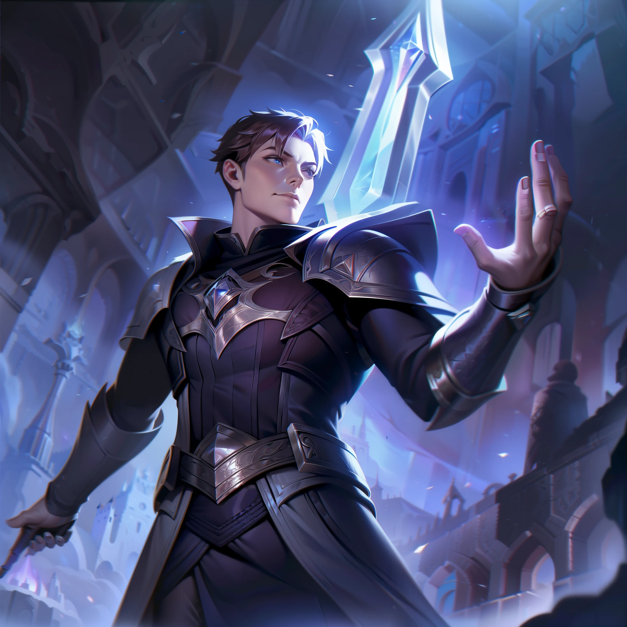 Alistair, Wearing Arcane Mage's clothing, Elegant and mysterious style. Your smooth long hair, Dark Purple, Gentle waves fall on your shoulders. His eyes are deep blue, Shining with magical light and wise expression. Her skin is fair and shiny, It seems to exude a mysterious energy.. Alistair usa um traje de maga arcana, Consists of a long black velvet cape, Silver embroidery with mystical symbols. Under the cloak, She was wearing a dark blue tunic., It highlights his slender figure. Alistair usa luvas de couro macio, Also in black, Silver-tone rune-shaped details. She is wearing high boots, Dark, Perfect match appearance. also, She carries a carved wooden staff, Decorated with shining gems and mysterious symbols, Uncover your connection to magical forces. Her image as an arcane mage conveys power and wisdom, Be ready to face any challenge with your magic. League of Legends Art
